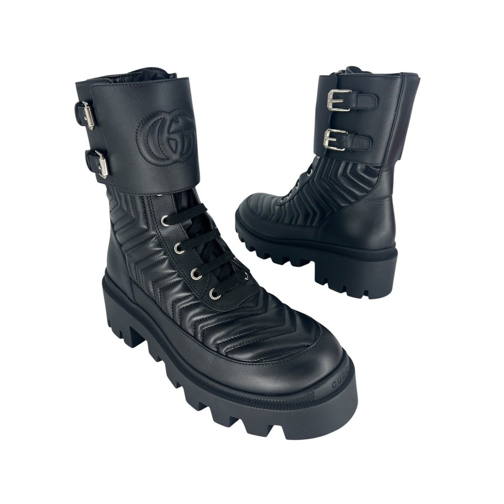 Gucci Frances Quilted Leather‎ Combat Boots in Black Size 37.5